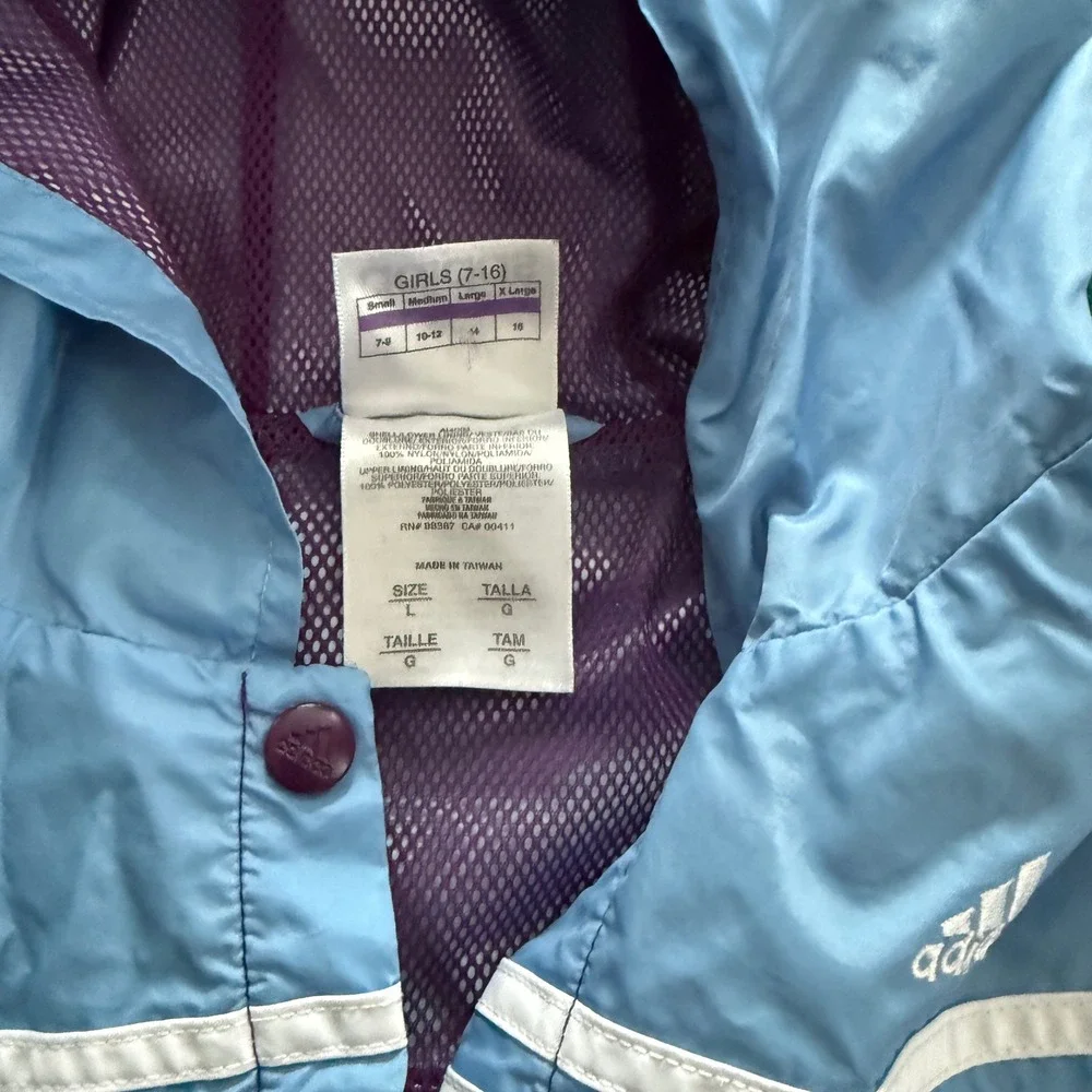 adidas‎ Vintage Y2K Windbreaker Girls L 14/16 Purple Blue 3-Stripe Colorblock